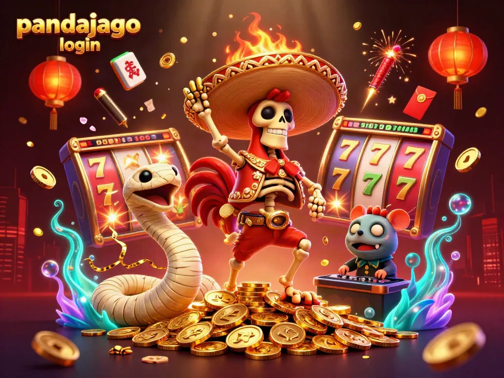 Permainan seru di pandajago login dengan karakter kartun di atas koin emas dan mesin slot.