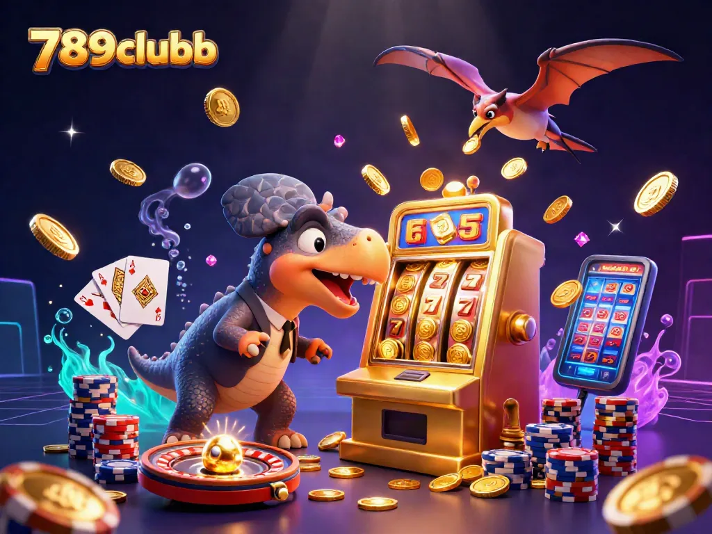 Experience big wins with 789clubb as cartoon characters interact with vibrant casino elements in a colorful gaming scene.