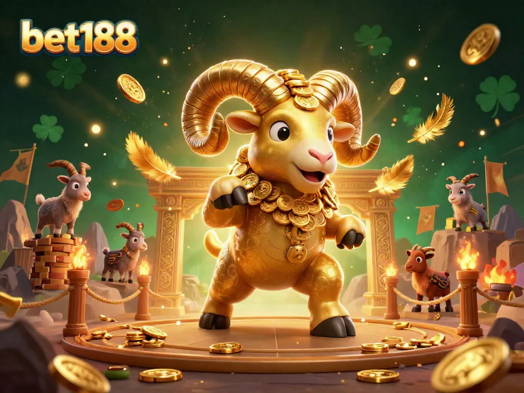 Experience the excitement of bet188 with a dynamic golden ram charging through a vibrant casino scene.