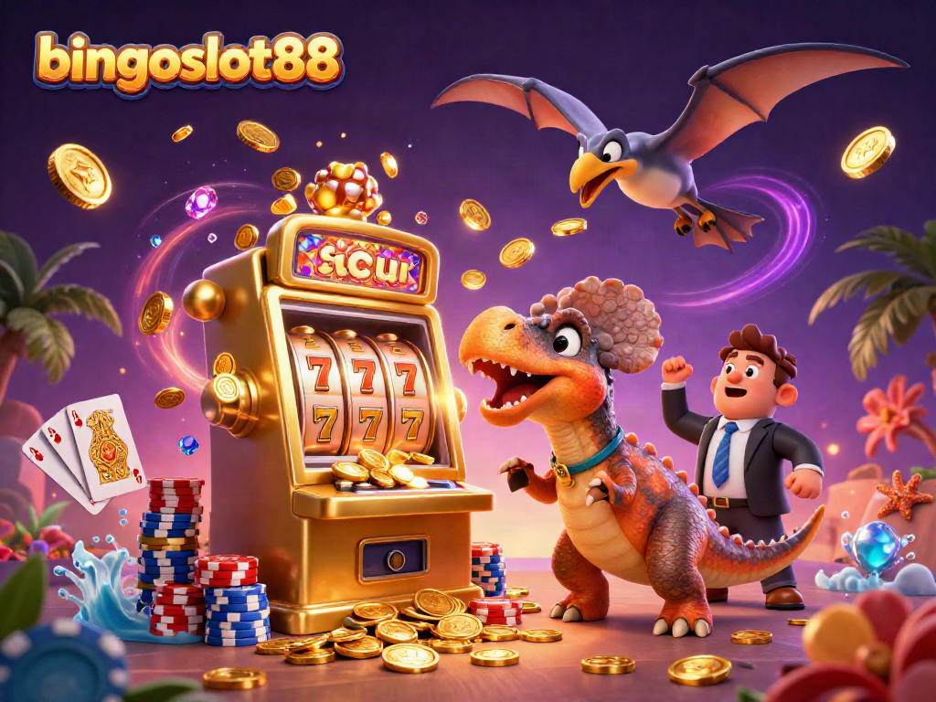 Permainan jackpot bingoslot88 dengan dinosaurus menabrak mesin slot dan koin bertebangan.