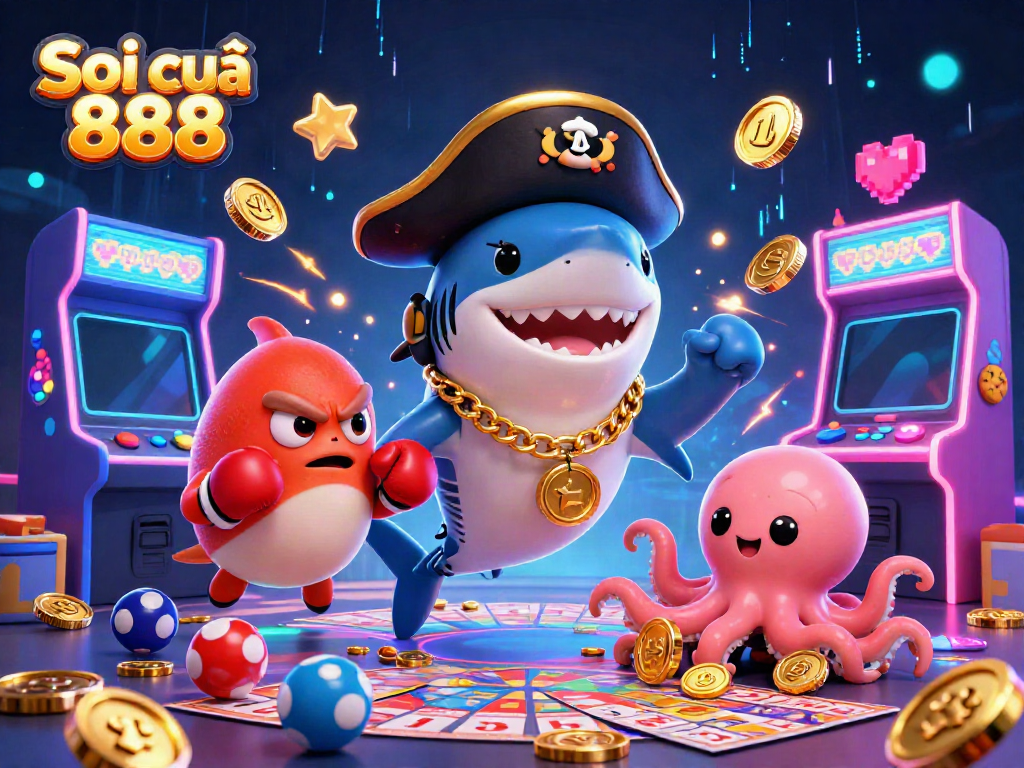 Soi cầu 888 showcases a lively lottery scene with a playful shark and friends engaging in games.