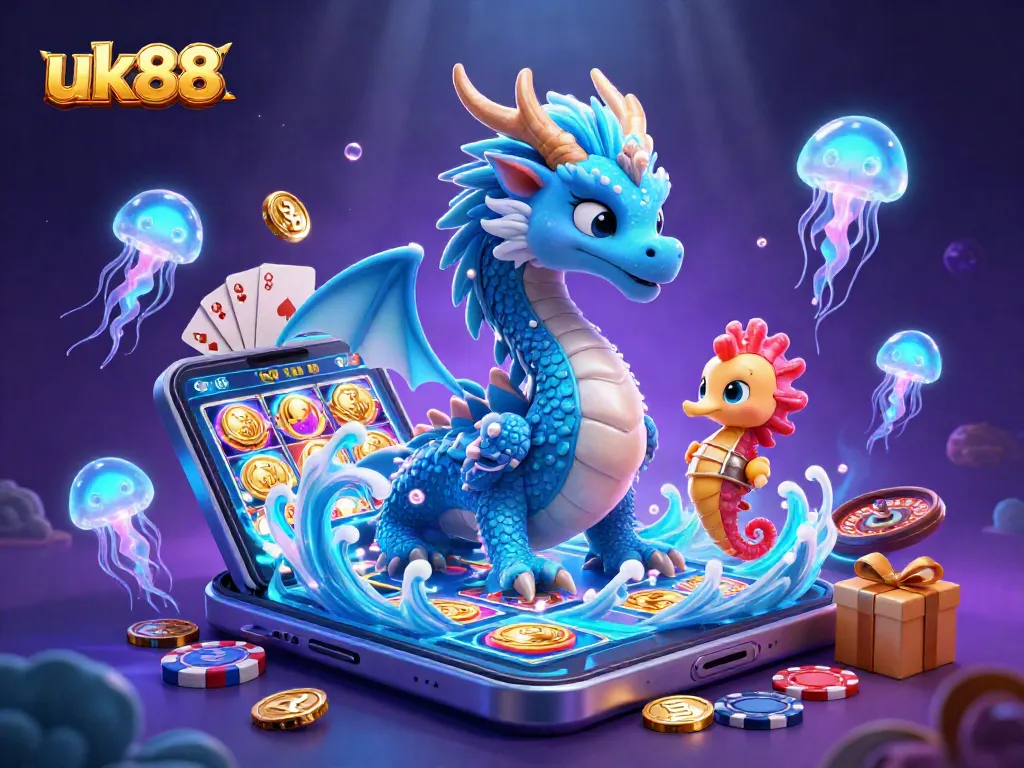 Experience the thrilling adventures of uk88 with an azure water dragon, seahorse knight, and neon jellyfish amidst vibrant casino elements.