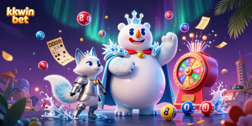 Experience the thrill of kkwin bet in a vibrant 3D illustration featuring a regal polar bear and fox amidst lottery excitement.