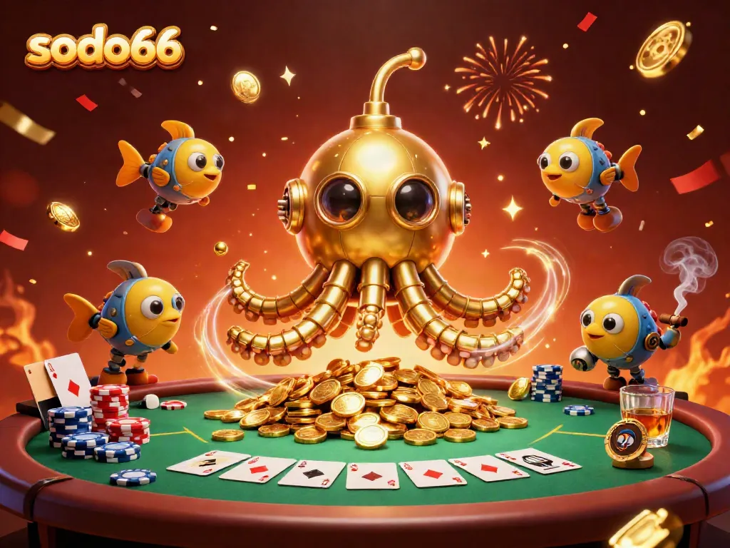 Experience thrilling gaming action at sodo66 with golden kraken submarine amidst poker elements.
