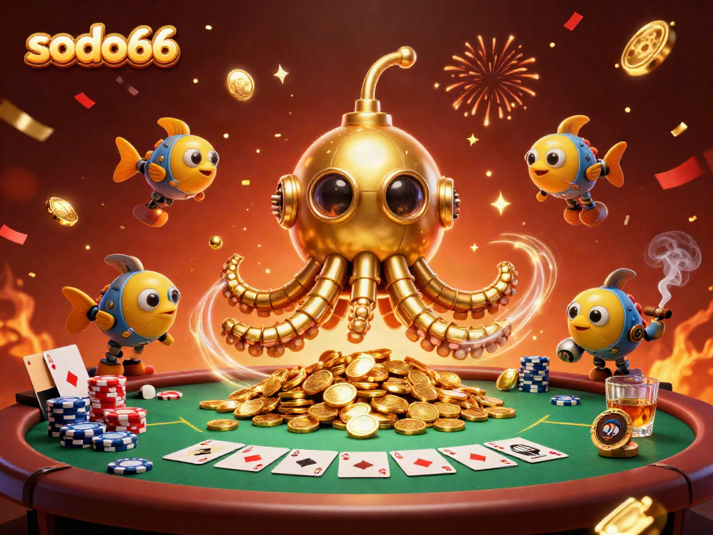 Experience thrilling gaming action at sodo66 with golden kraken submarine amidst poker elements.