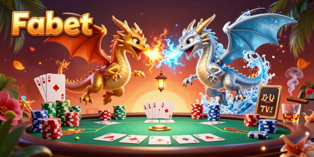 Experience thrilling gameplay with Fabet's dragon duel amidst vibrant casino elements.