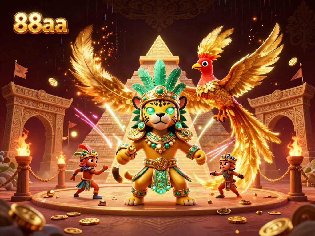 Experience the excitement of 88aa with a vibrant Mayan-themed casino illustration featuring a jaguar priest and quetzal bird.