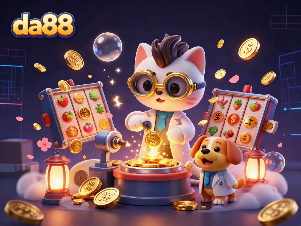 Experience the magic of da88 with a lively scene of cartoon characters celebrating casino wins amidst colorful slot games.