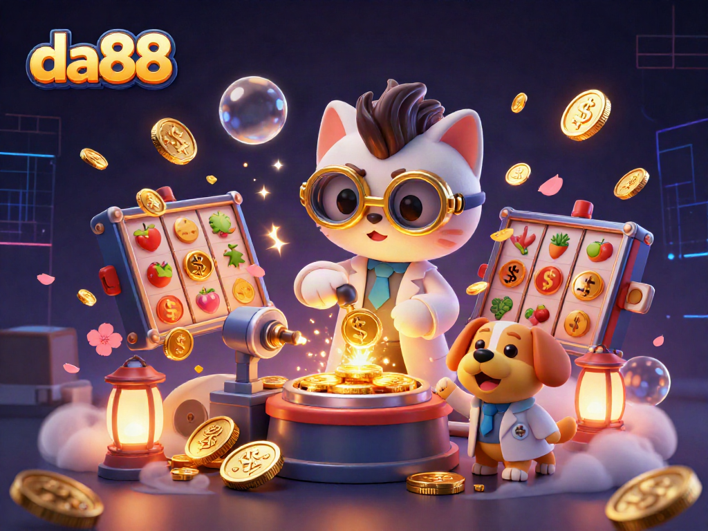 Experience the magic of da88 with a lively scene of cartoon characters celebrating casino wins amidst colorful slot games.