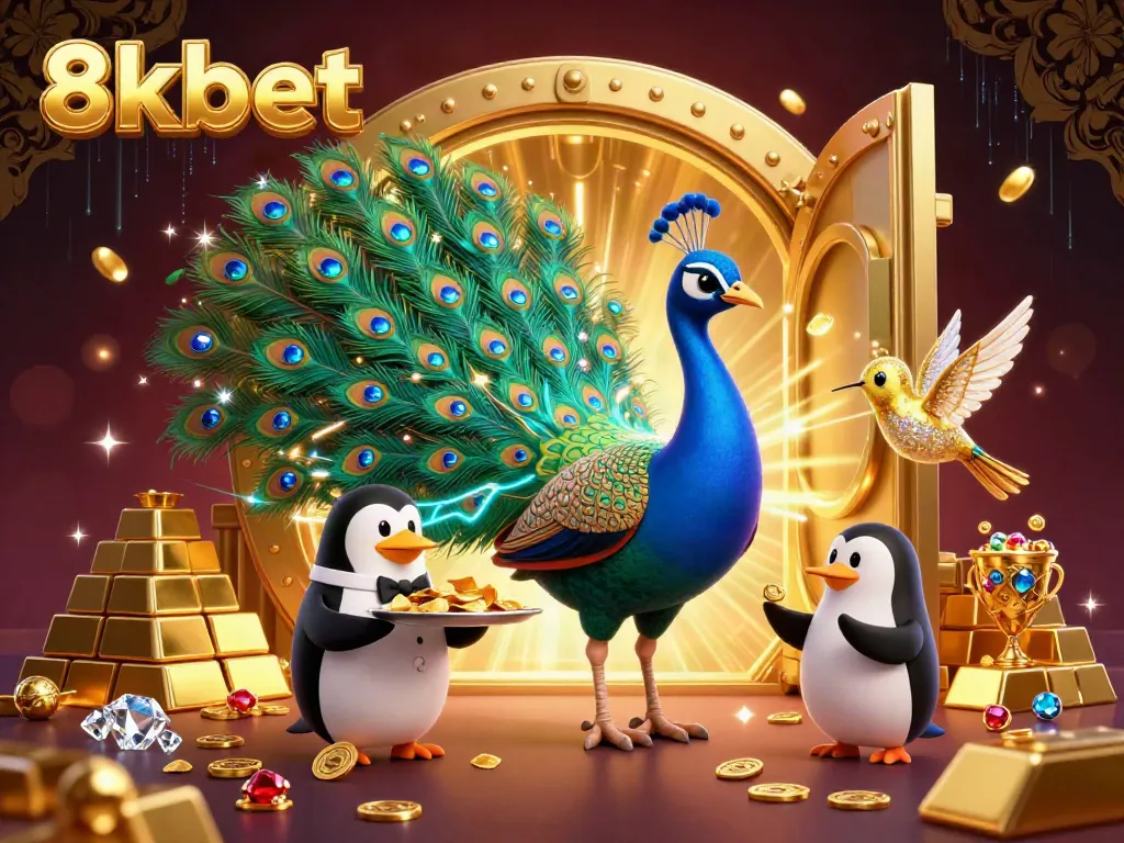 Experience the luxury of 8kbet with vibrant casino graphics and characters celebrating big wins.