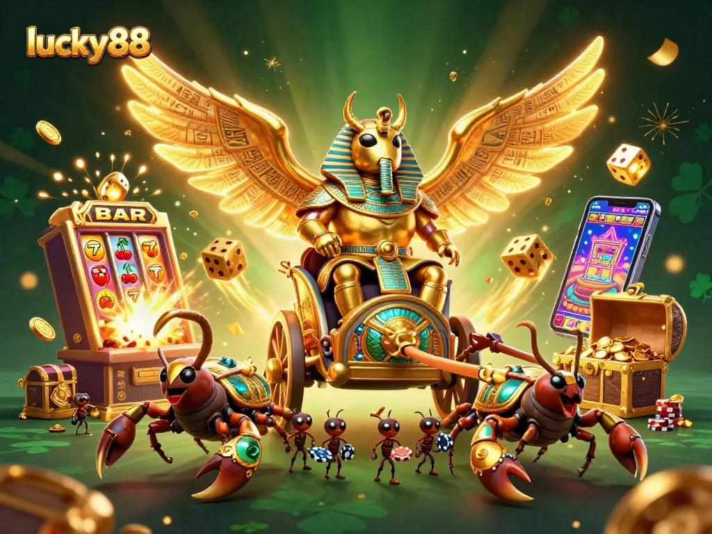 Experience exciting gameplay at lucky88 with a vibrant 3D illustration of casino elements and characters.
