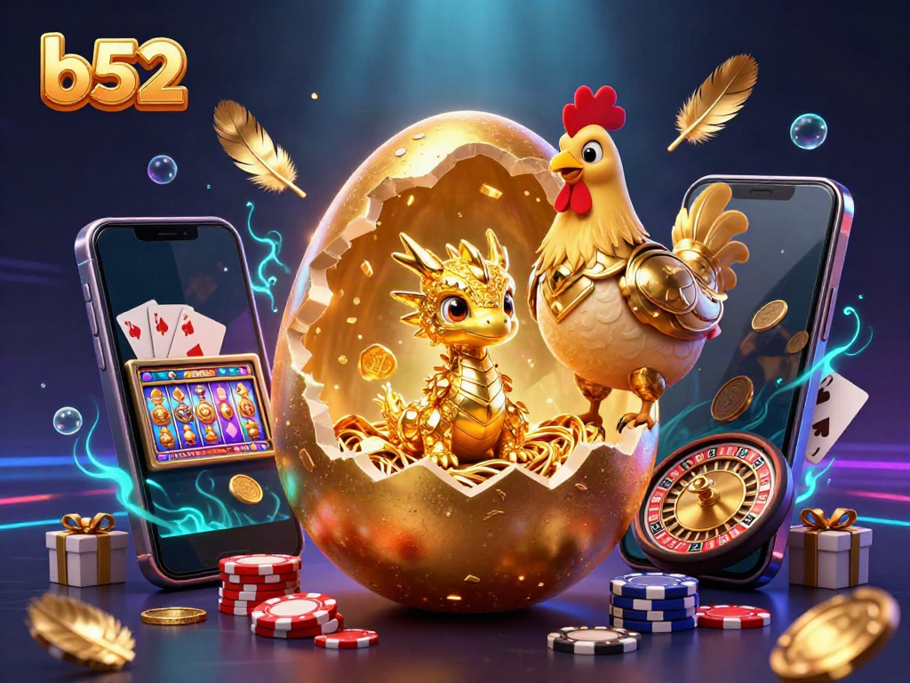 B52-themed casino illustration featuring a crystalline dragon on poker chips and vibrant slot game elements