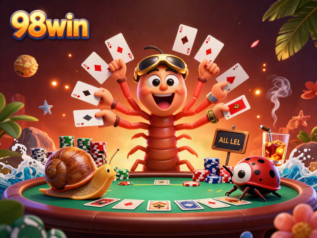Engage in thrilling gameplay at 98win with a vibrant casino scene featuring playful characters.