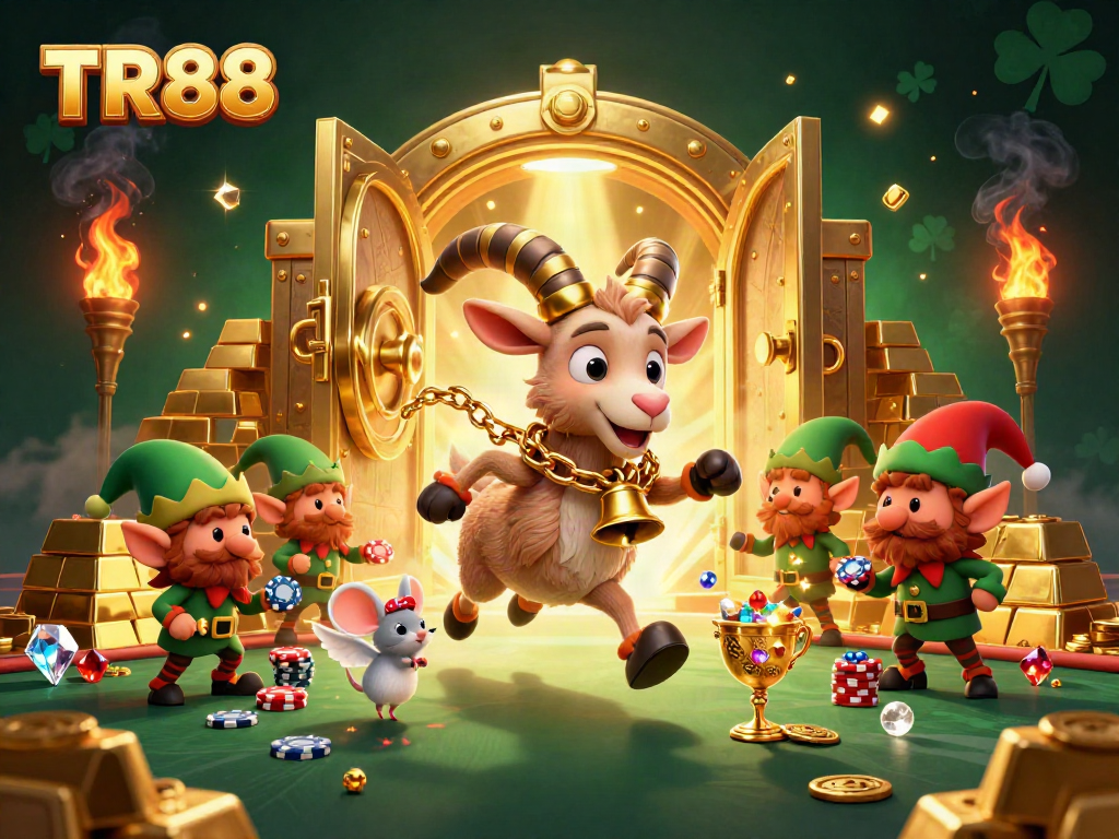 Experience thrilling gameplay at TR88 with a festive casino illustration showcasing fun characters and golden treasures.