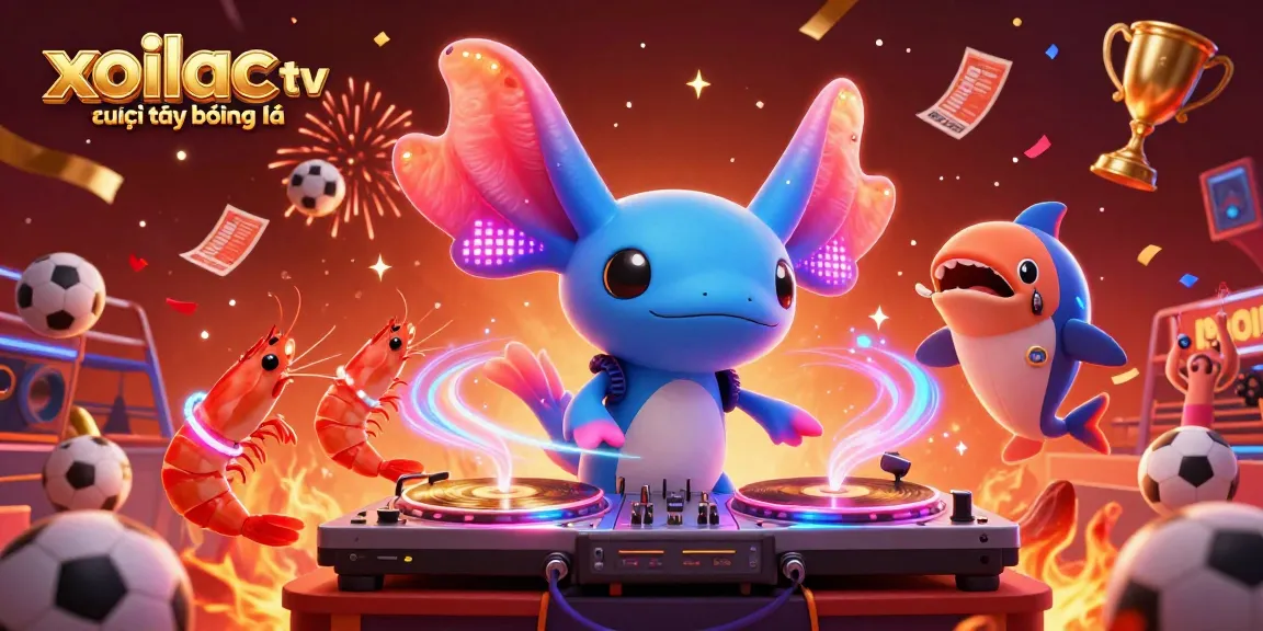 Experience xoilac tv trực tiếp bóng đá with vibrant action featuring a lively axolotl DJ and animated shrimp.