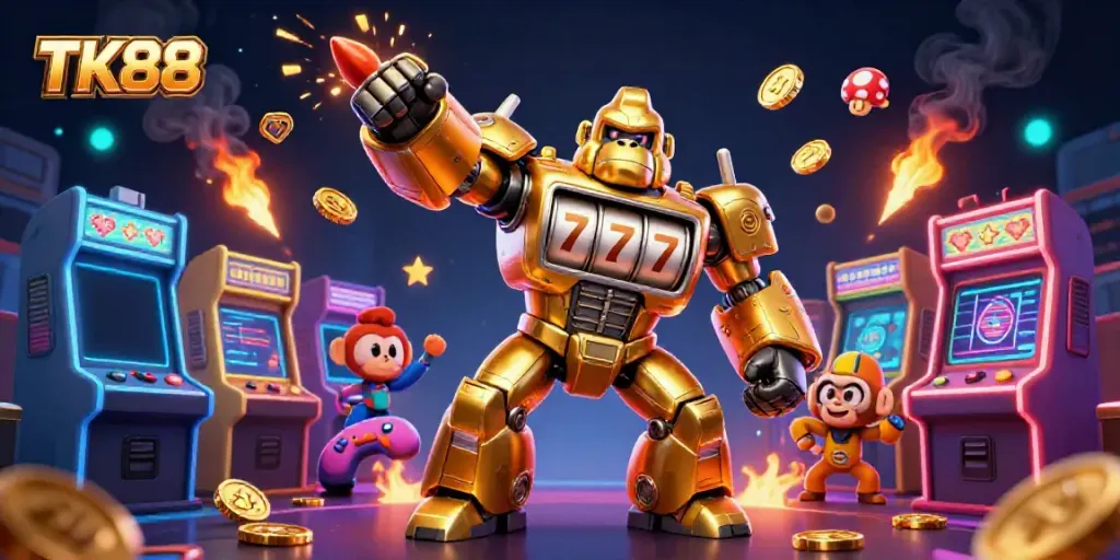 Experience the excitement of TK88 with a striking golden gorilla mech surrounded by vibrant casino elements.