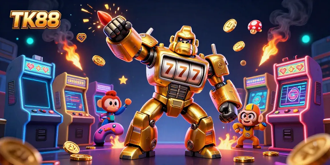 Experience the excitement of TK88 with a striking golden gorilla mech surrounded by vibrant casino elements.