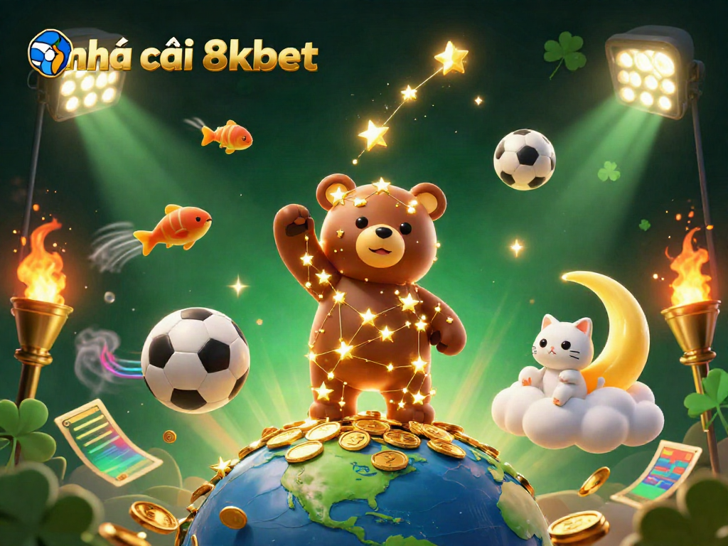 Engaging scene of nhà cái 8kbet showcasing a constellation bear and dynamic sports elements depicting vibrant gambling experiences.