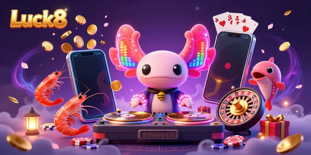 Create an engaging gambling atmosphere featuring Luck8 with a neon axolotl DJ spinning records surrounded by gaming elements.