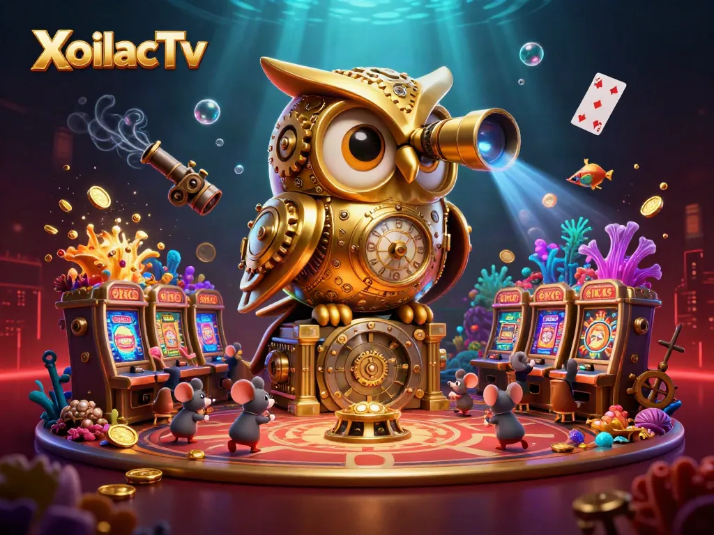 XoilacTv showcases a vibrant casino scene, featuring a golden owl and playful mice among slot machines.