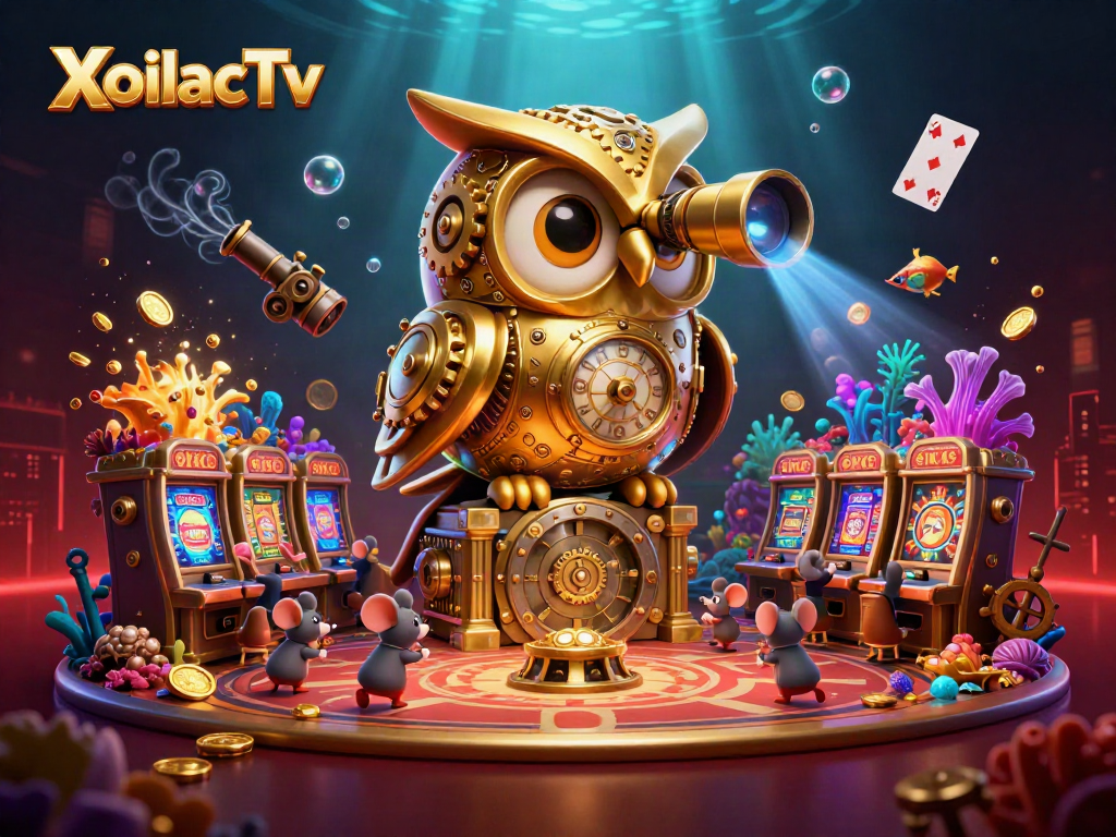 XoilacTv showcases a vibrant casino scene, featuring a golden owl and playful mice among slot machines.