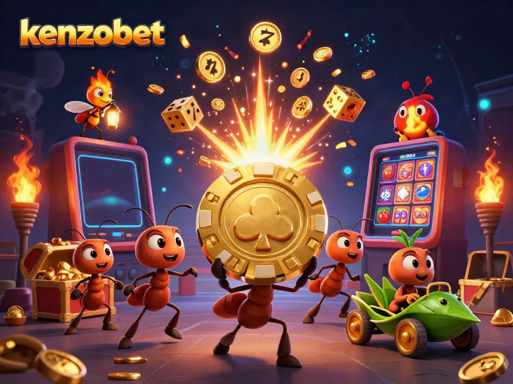 Experience thrilling wins at kenzobet with a dynamic heist scene featuring colorful casino elements.