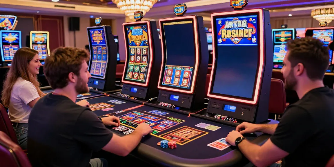 Pengalaman bermain slot online yang mendebarkan di kasino modern, dengan pemain beragam menikmati suasana yang cerah.