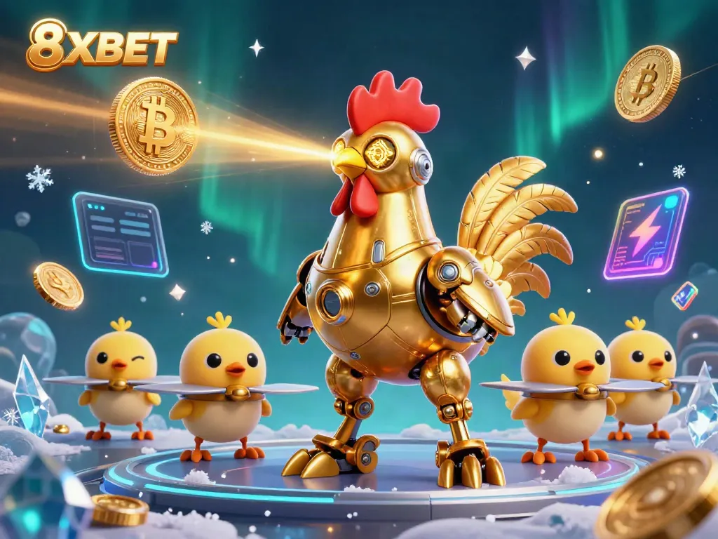Engage with the dynamic gold rooster character at 8XBET, showcasing a vibrant underwater casino scene brimming with crypto elements.