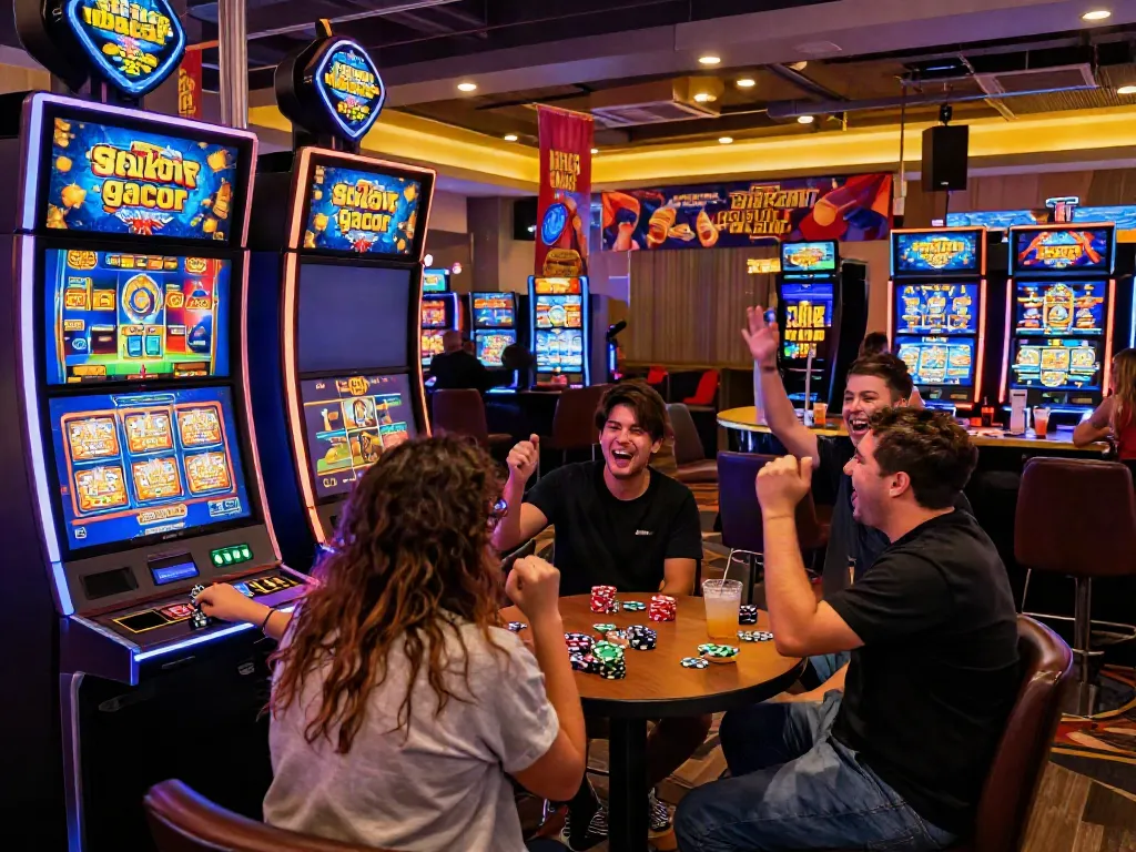 Exciting slot gacor gaming scene showcasing players enjoying vibrant casino atmosphere with touchscreen devices.