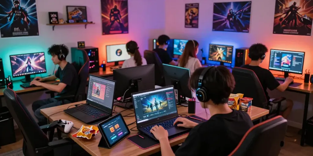 Pengalaman bermain game tusuk88 dengan pemain fokus di laptop dan suasana ceria.