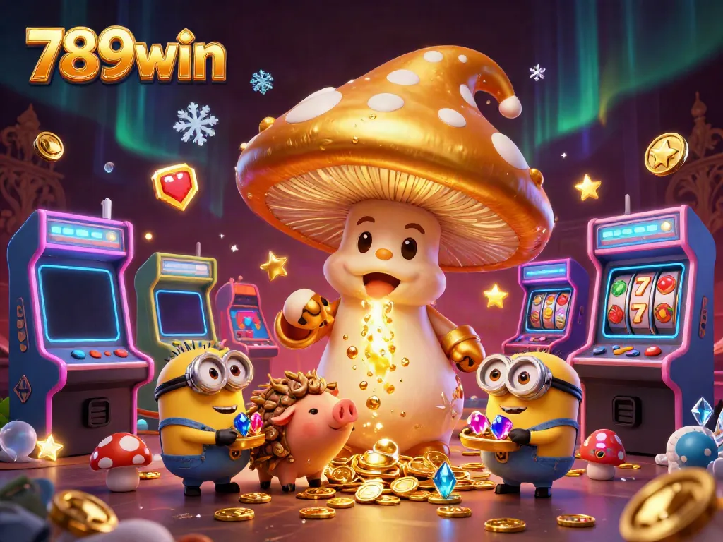 Win big with 789win in a vibrant casino scene featuring a magical golden mushroom wizard.