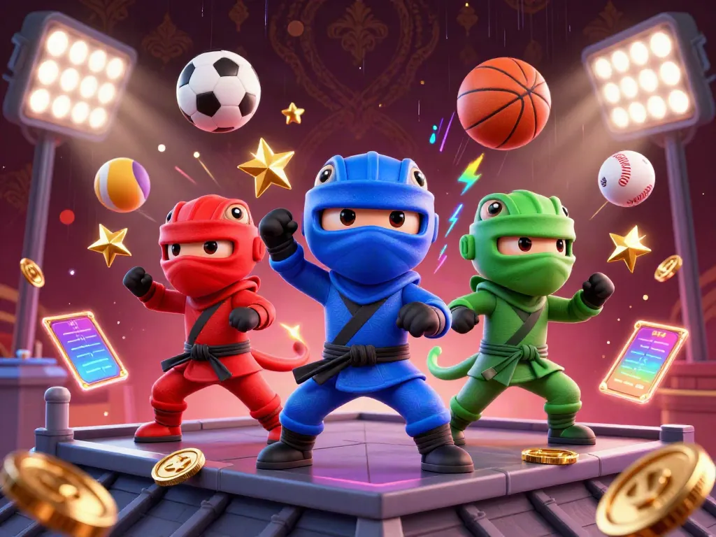 Kuwin ninjas in action with sports elements illustrating dynamic and thrilling betting experience.