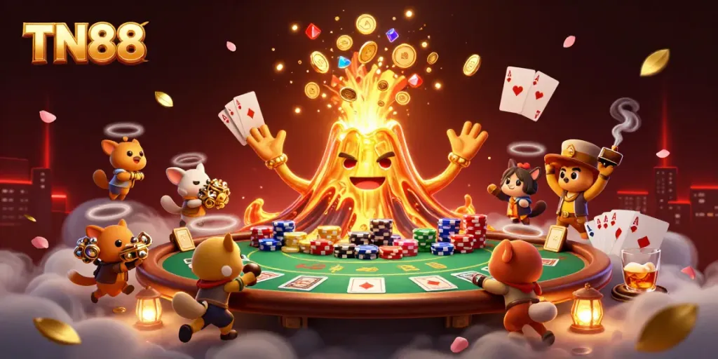 Engage in thrilling gameplay at TN88 with a vibrant casino-themed illustration showcasing treasure and excitement.