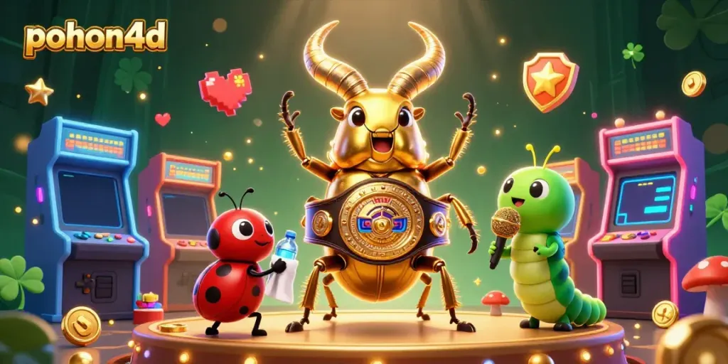 Catch the excitement at pohon4d as the golden stag beetle showcases its gaming prowess on an arcade stage!