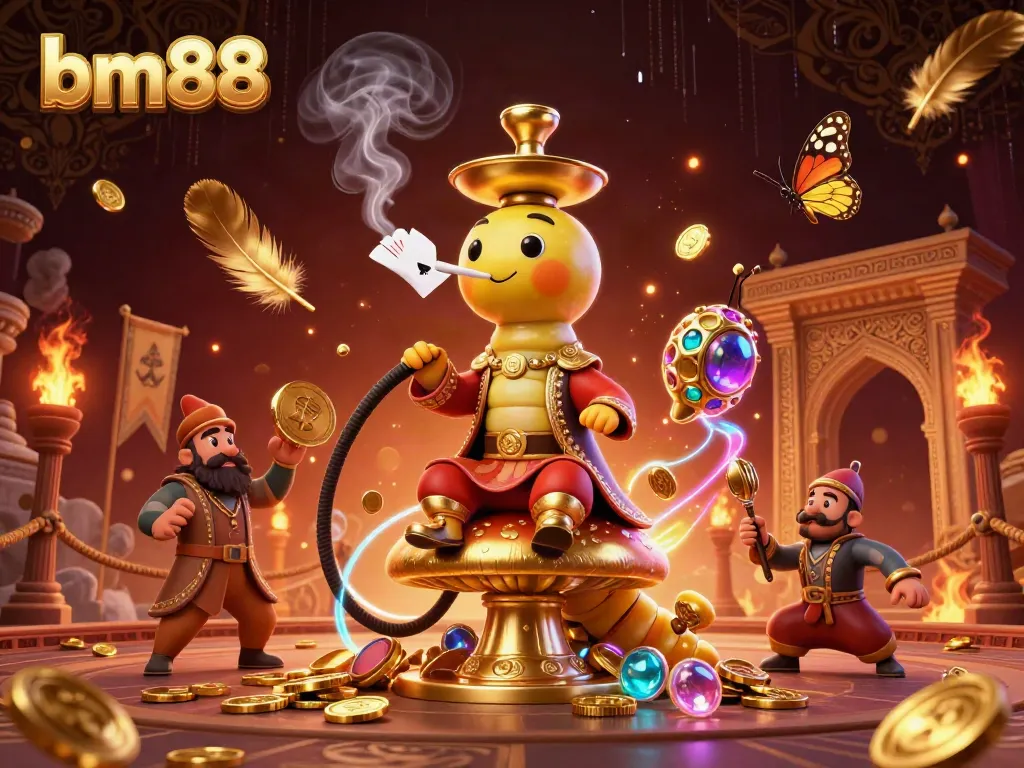 Engage in a vibrant gambling scene with bm88 featuring a whimsical caterpillar hookah-master.
