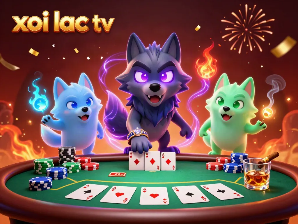 Engage with xoi lac tv's thrilling poker scene featuring a charismatic wolf leader amidst colorful chips and cards.