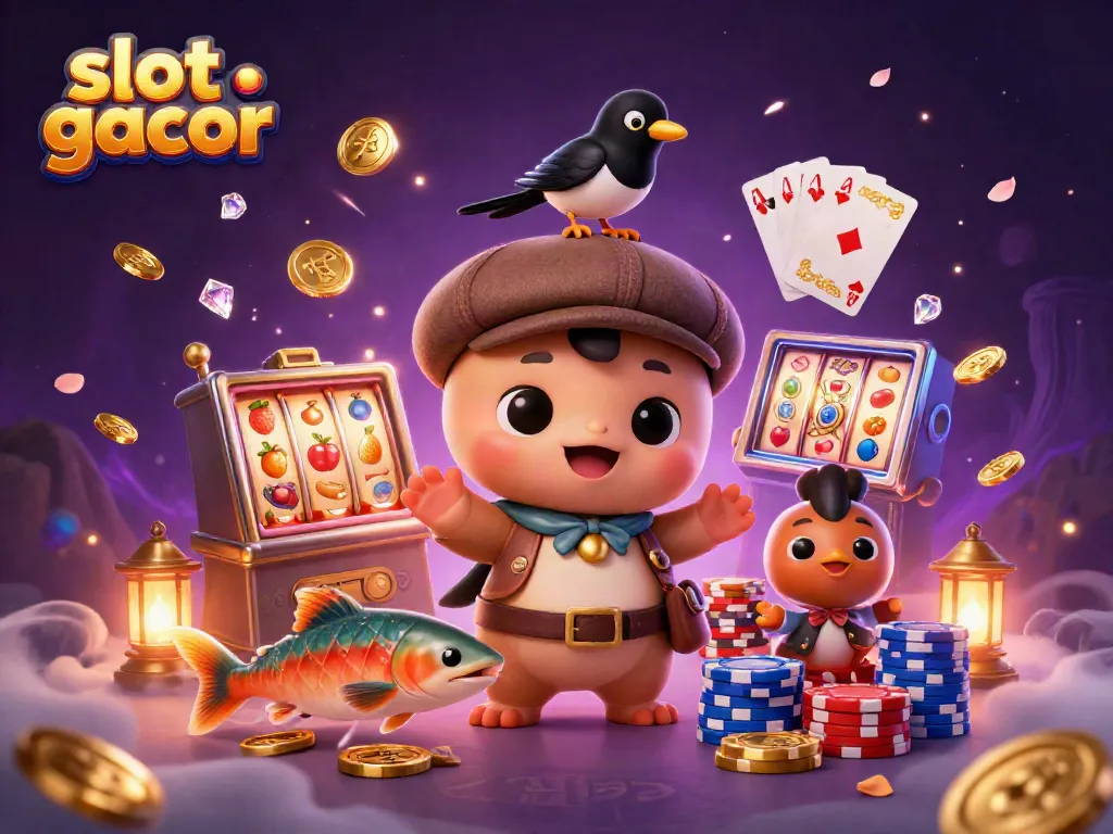 Menangkan slot gacor dengan simbol beruntun, jackpot dan kartu royal flush yang mengelilingi karakter pemenang.