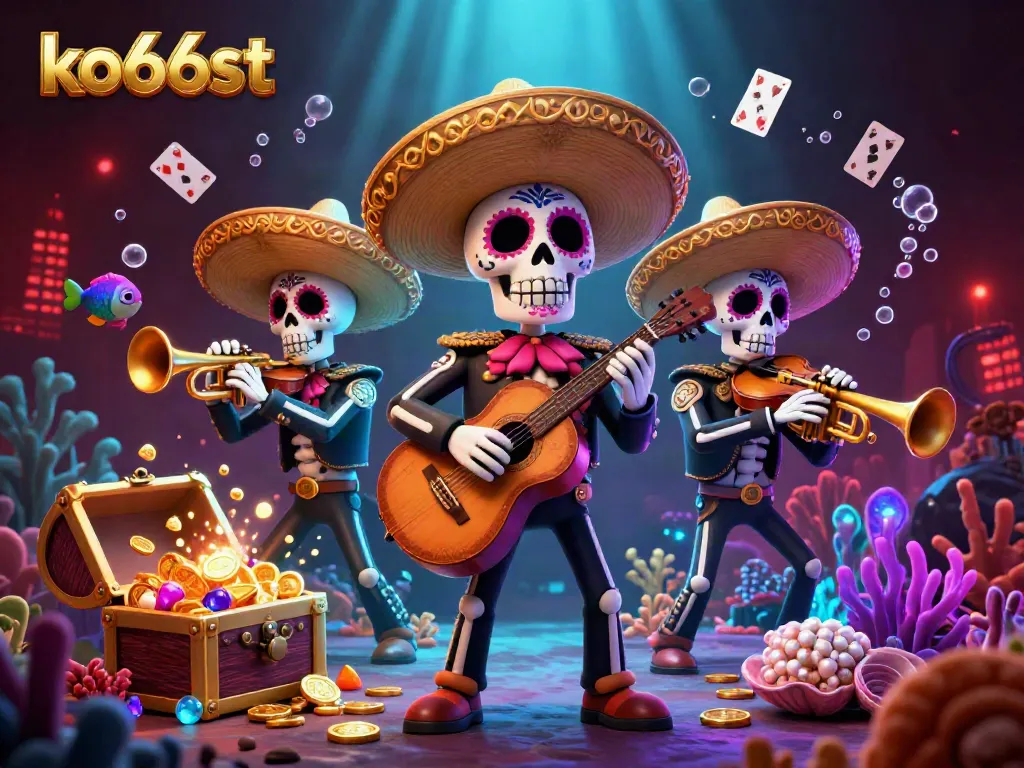 Engaging KO66ST scene showcasing vibrant mariachi skeletons surrounded by casino elements like gold coins and playing cards.