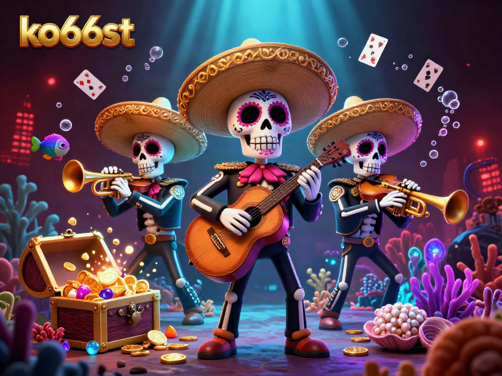 Engaging KO66ST scene showcasing vibrant mariachi skeletons surrounded by casino elements like gold coins and playing cards.
