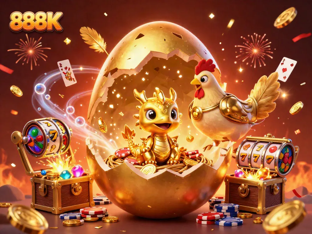 Experience 888K's vibrant gaming with a golden dragon, poker chips, and exciting slot reels!