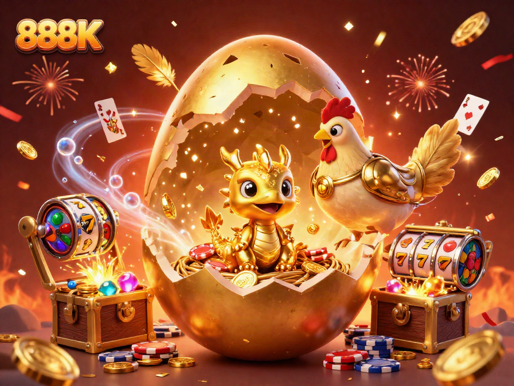 Experience 888K's vibrant gaming with a golden dragon, poker chips, and exciting slot reels!