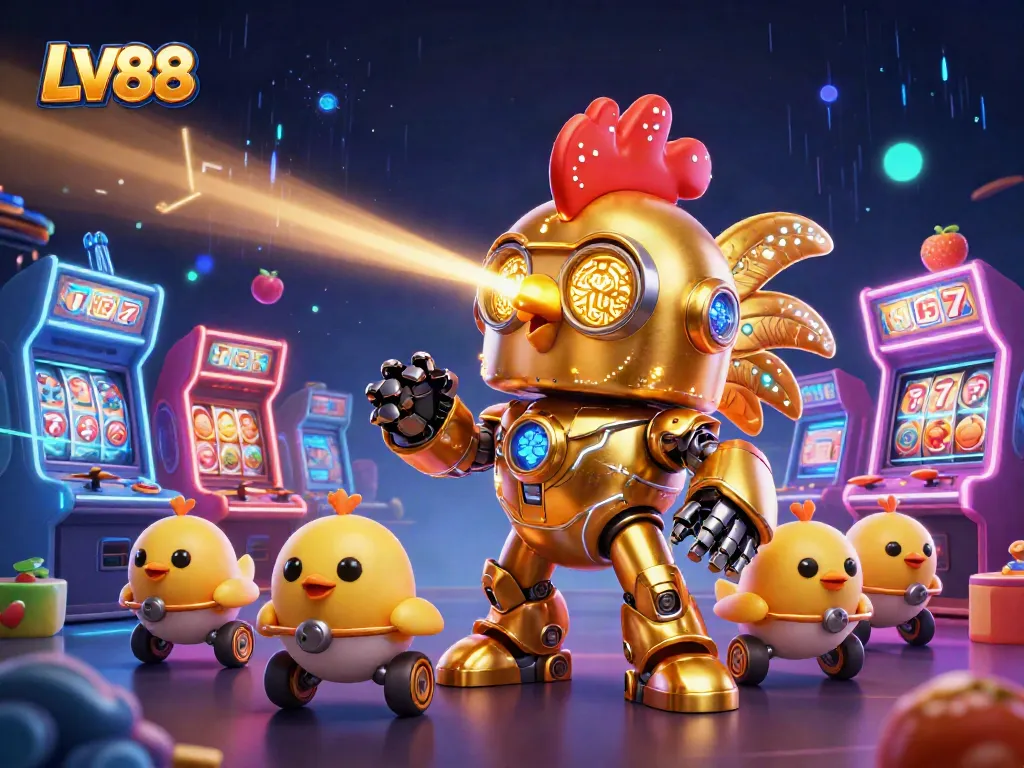 Experience the exciting LV88 casino adventure with a dynamic golden rooster robot and arcade gaming elements.
