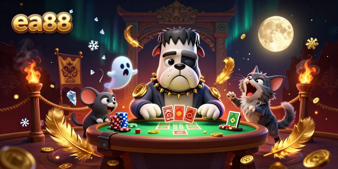ea88 engaging players with a 3D cartoon casino illustration featuring unique characters at a vibrant gaming table