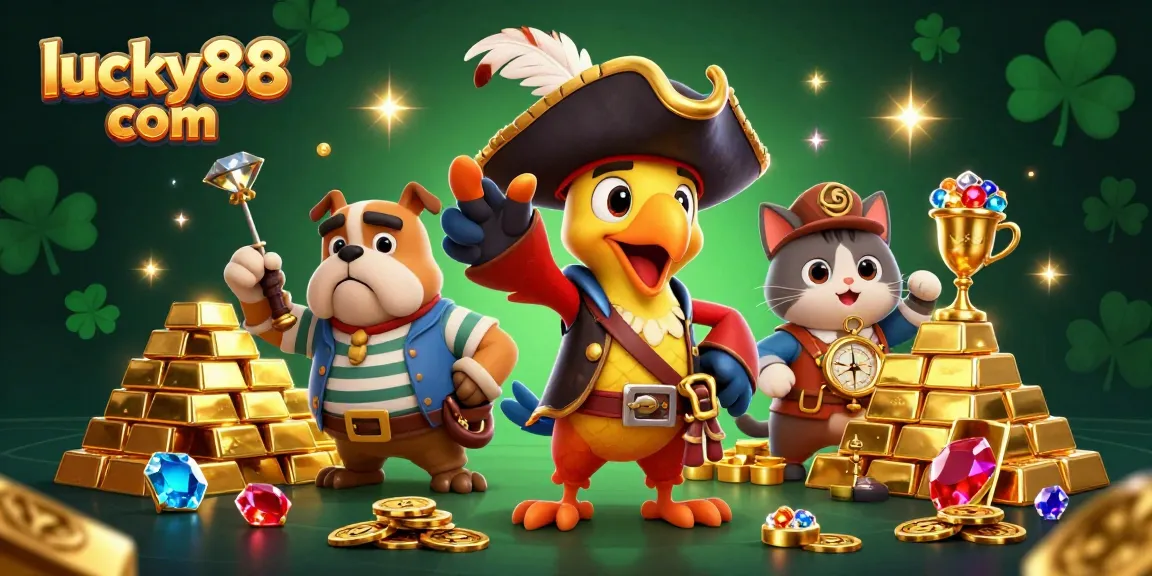 Experience the thrill with lucky88 com featuring vibrant 3D casino characters surrounded by treasures and jewels.