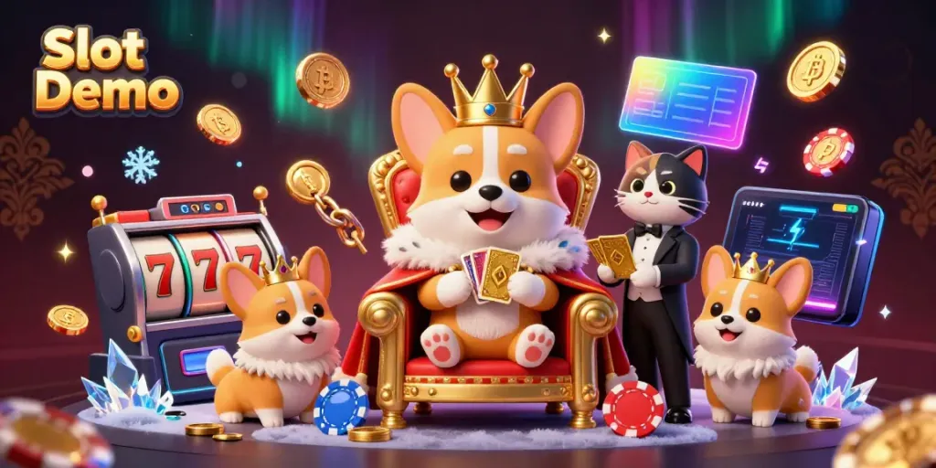 Experience the thrill of Slot Demo with a regal corgi on a poker chip throne, surrounded by vibrant gaming elements.