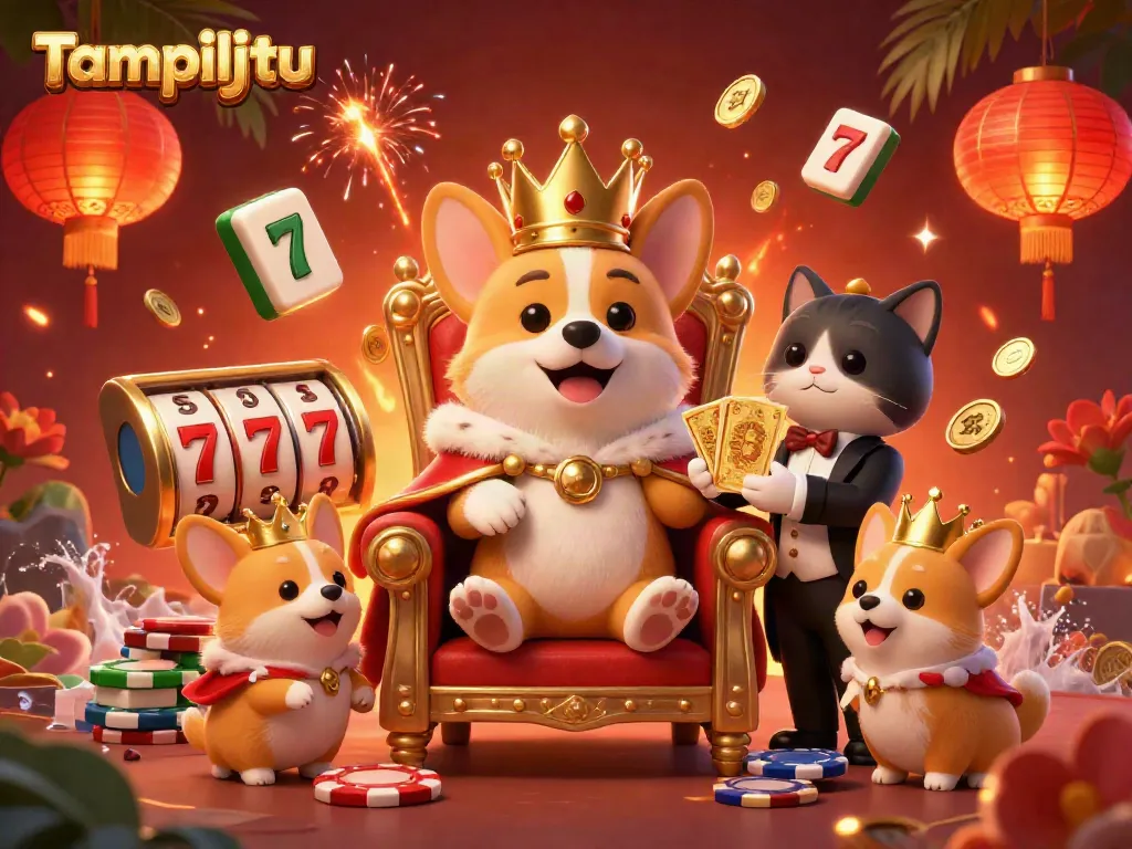 Tampiljitu illustrates a royal corgi and cat butler surrounded by lively elements of digital slots in colorful detail.