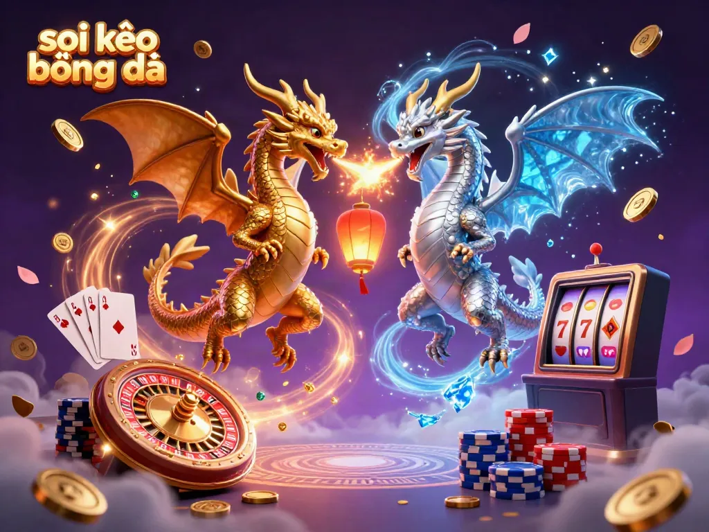 Soi kèo bóng đá dynamic scene with intertwining dragons, magic elements, and casino symbols for engaging users.