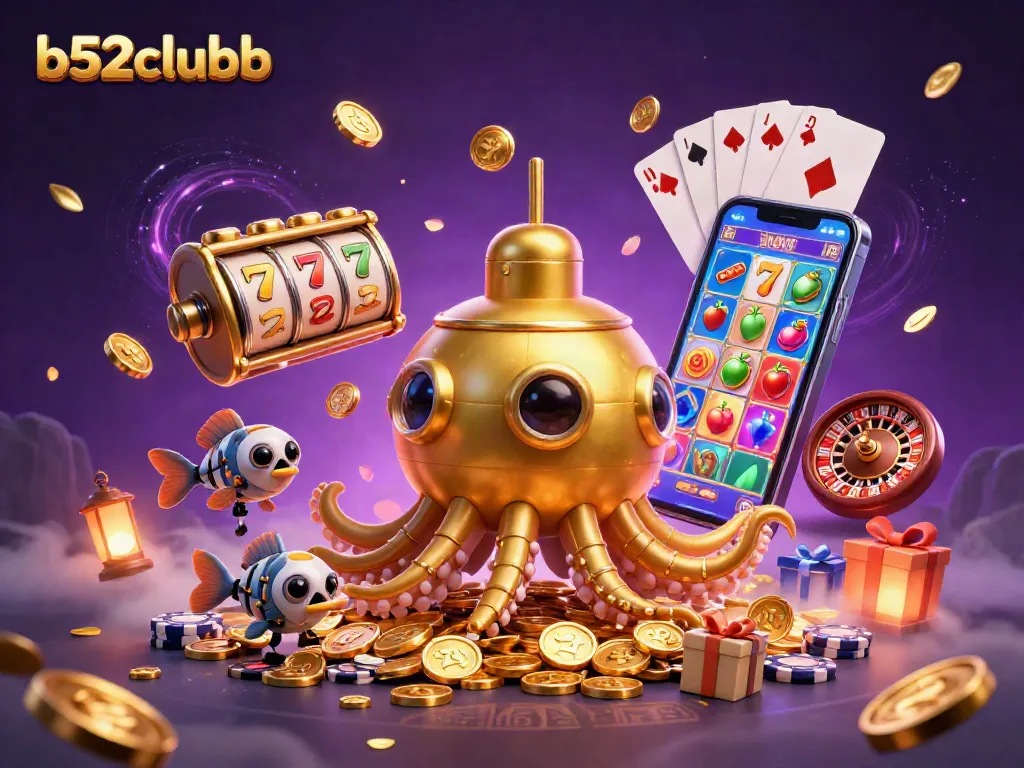 Experience the adventure of b52clubb with vibrant slot games and a kraken submarine in action.