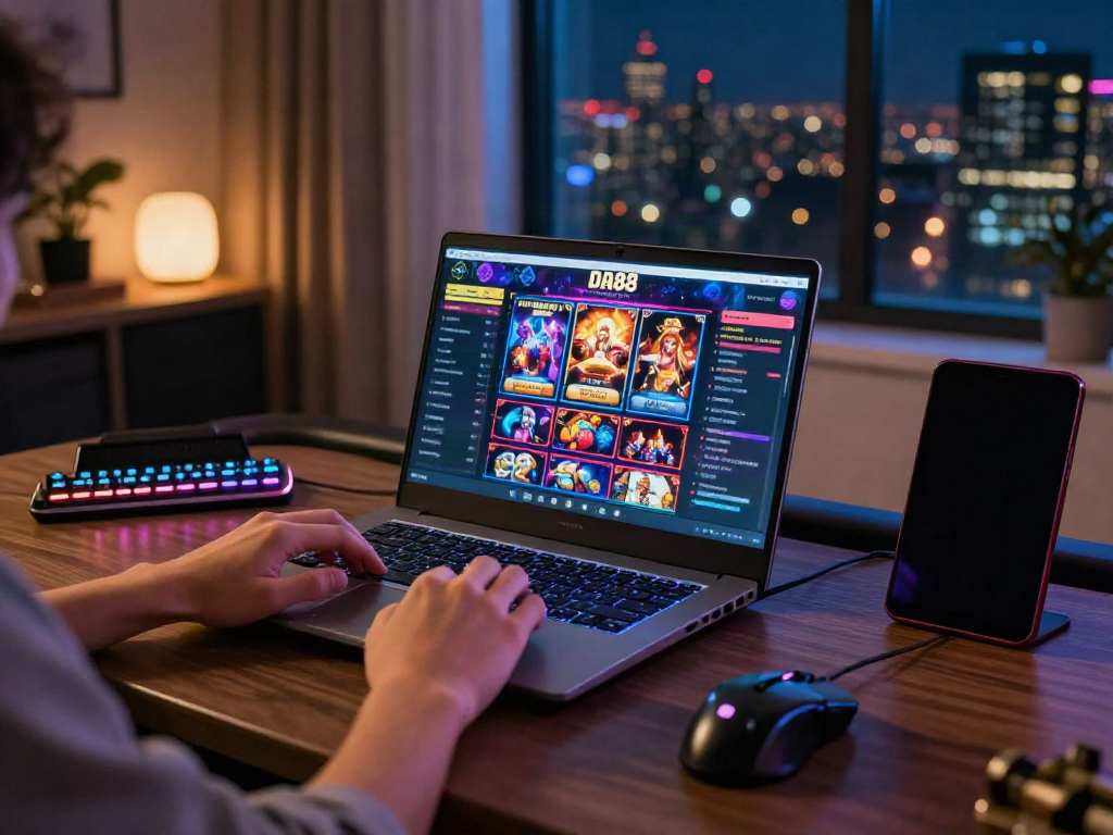 Person using the DA88 gaming platform on a laptop in a cozy environment during nighttime.