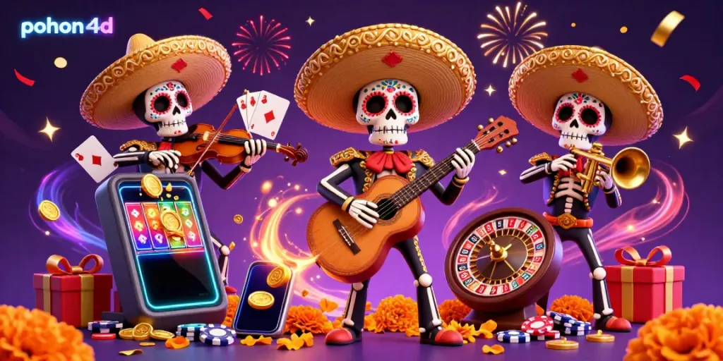 Engage in thrilling gameplay with pohon4d while enjoying the vibrant skeleton mariachi band and dynamic casino elements.